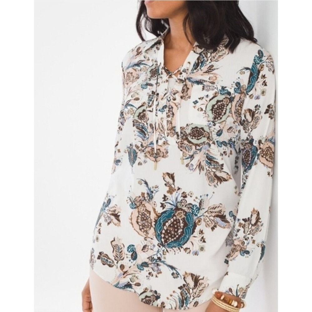 Chico's Tunic Blouse Womens 3 White XL Floral Collared Long Sleeve Tie Pockets